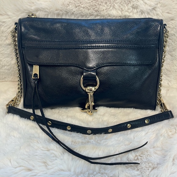 Rebecca Minkoff Mac Clutch Large Leather Crossbody Shoulder Bag Black Gold - Picture 1 of 6